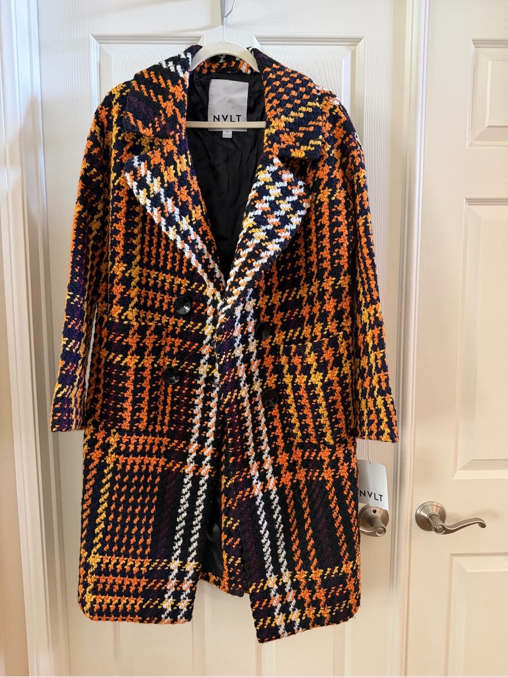 Anthropologie NVLT Women's Plaid Houndstooth Long Coat in Orange & Black